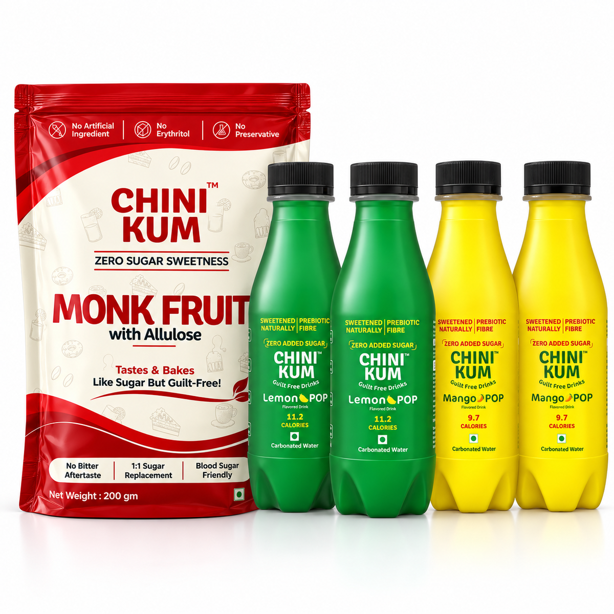 Guilt Free Combo : Monk Fruit Sweetener & Mix Pack of Cold Drinks (Zero Sugar, Prebiotic)(Pack of 4) | Free Shipping