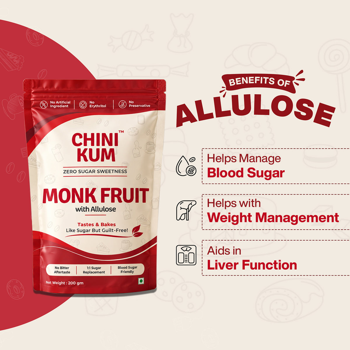 Zero Sugar Monk Fruit Sweetener | Sugar Replacement | No Erythritol (200gm) | Free Shipping