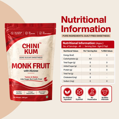 Zero Sugar Monk Fruit Sweetener | Sugar Replacement | No Erythritol (200gm) | Free Shipping
